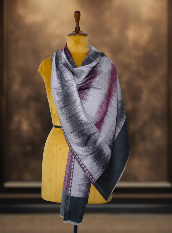 Ikkat Pashmina Stole (Grey & Plum Horizontal) (2) Ikkat Pashmina Stole (Grey & Plum Horizontal) (2)