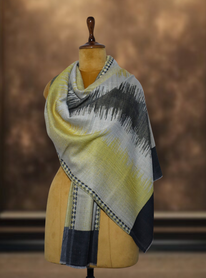 Ikkat Pashmina Stole (Yellow & Grey Zigzag) (3) Ikkat Pashmina Stole (Yellow & Grey Zigzag) (3)