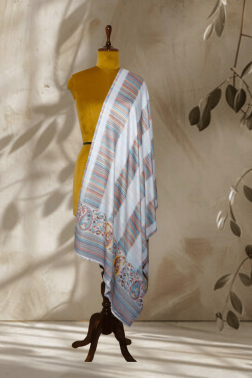 Ivory Silk Stripe Jama Stole with Paisley Border