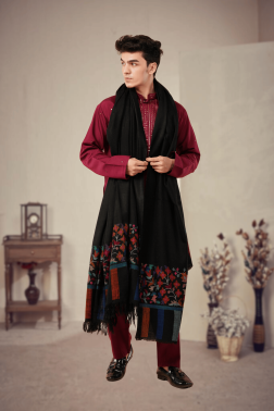 Black Kani Palladaar Pure Pashmina Shawl with Multi-color Embroidery