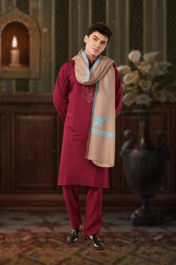 Beige Haishidaar Pure Pashmina Shawl with Teal Hand Embroidery for Men