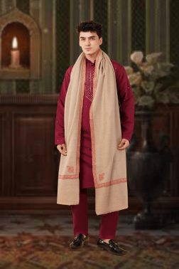 Beige Haishidaar Pure Pashmina Shawl with Red & Orange Hand Embroidery for Men