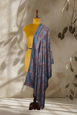 Grey-Blue Pure Silk Paisley Jamawar Stole