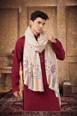 Striped Pure Pashmina Shawl for Men with Multicolor Paisley Kani Border