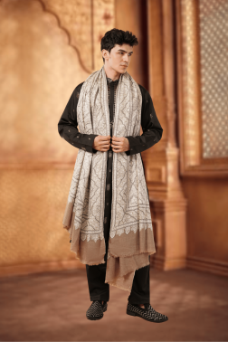 Beige Sozni Jama Embroidered Pure Pashmina Shawl for Men (Geometric Pattern)