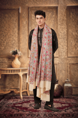 Ivory Overall Jamawar Pure Pashmina Shawl with PaperMachie Embroidery Design