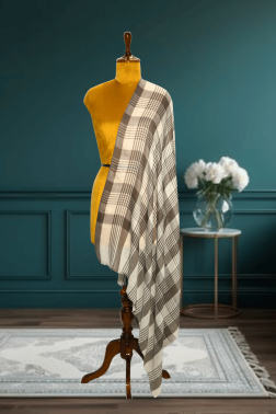 Luxurious Cashmere Fine Wool Check Shawl in Ivory and Taupe