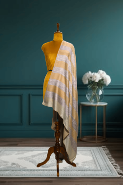 Luxurious Cashmere Fine Wool Striped Shawl in Golden Beige and Silver-Gray