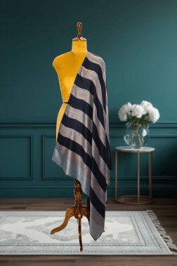 Luxury Cashmere Fine Wool Striped Shawl in Midnight Blue and Pale Gold
