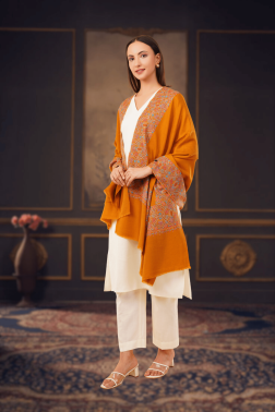 Ochre Pashmina Shawl with Sozni Border Embroidery