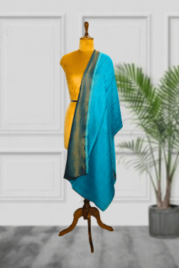 Iridescent Peacock Blue & Gold Reversible Zari Cashmere Stole