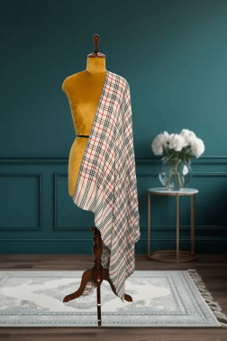 Classic Cashmere Fine Wool Check Shawl in Ivory, Black, and Red