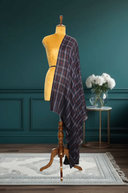 Cashmere Fine Wool Tartan Check Shawl in Deep Navy with Red Accent