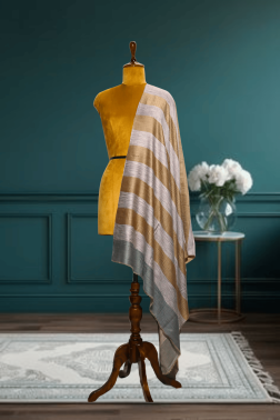 Luxurious Cashmere Fine Wool Striped Shawl in Shimmering Gold and Silver