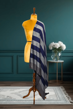 Cashmere Fine Wool Bold Striped Shawl in Navy Blue and Silver-Gray