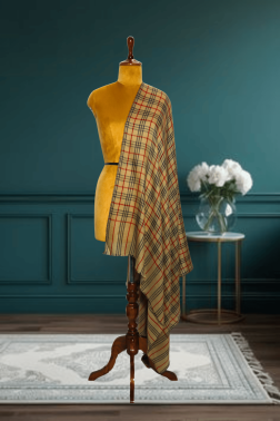 Classic Cashmere Fine Wool Heritage Check Shawl in Tan and Khaki