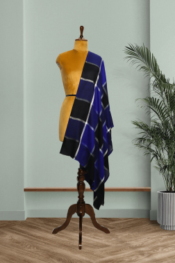 Dramatic Cashmere Fine Wool Windowpane Check Stole in Royal Blue and Black