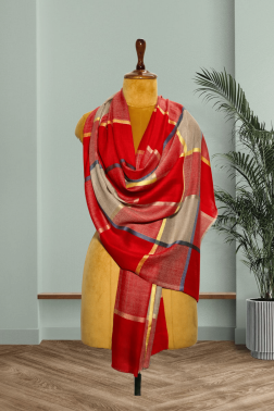 Cashmere Fine Wool Windowpane Check Stole in Fiery Red and Gold