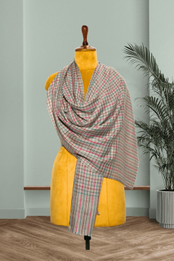 Cashmere Fine Wool Subtle Check Stole in Neutral Gray with Red Accent