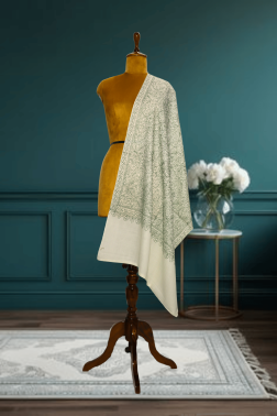 Hand-Embroidered Semi-Pashmina Jama Stole with Sage Green Embroidery