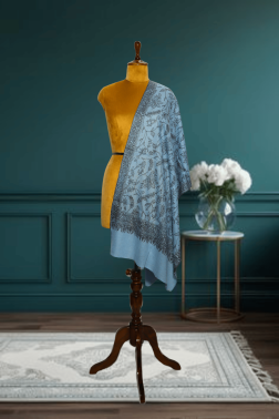 Hand-Embroidered Semi-Pashmina jama Stole in Serene Blue