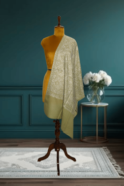 Hand-Embroidered Semi-Pashmina jaal Stole in Earthy Olive Green