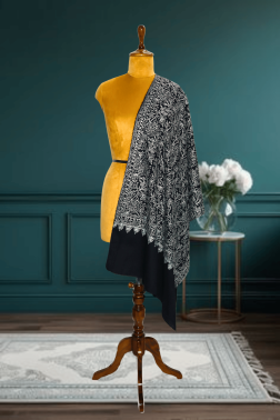 Hand-Embroidered Semi-Pashmina Jama Stole in Classic Black and White