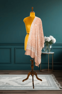 Hand-Embroidered Semi-Pashmina Jama Stole in Soft Peach with White Needlework