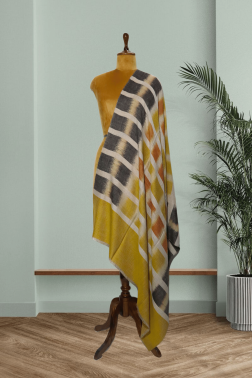 Vibrant Mustard & Grey Pure Pashmina Ikkat Shawl
