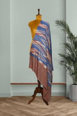 Coastal Blue & Terracotta Pure Pashmina Ikkat Shawl