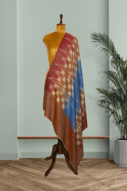 Red & Blue Checkered Pure Pashmina Ikkat Shawl
