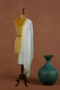 Off white Solid Hand-Woven Cashmere Fine Wool Stole with Bright Yellow Border