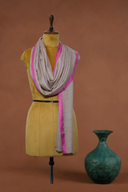 Beige Solid Hand-Woven Cashmere Fine Wool Stole with Hot Pink Border